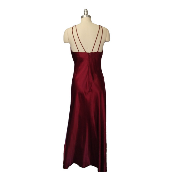 Vintage 90s Prom Dress Size S Burgundy Satin Maxi Strappy High Neck Blondie & Me - Picture 9 of 13